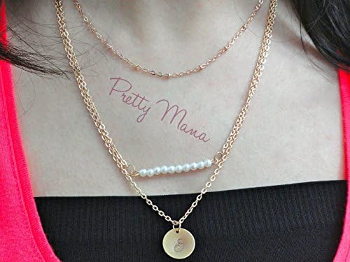 Gold Layering Necklace, Pearl Bar Necklace, Tiny Pearl Necklace, Initial Disc Necklace, Strands Necklace, Hand stamped Gold Necklace, Gift for Bridesmaids By Pretty Mana