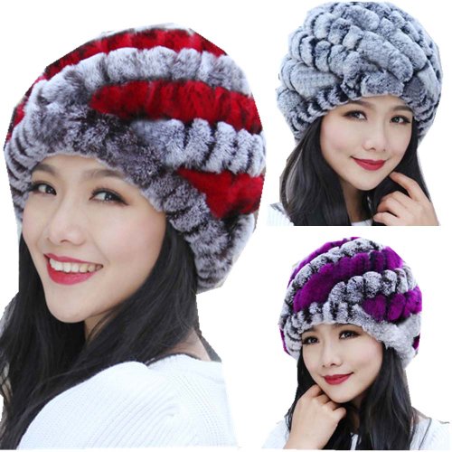 Bafei Real Rex Rabbit Fur Knitted Women's Winter Warm Hat Cap