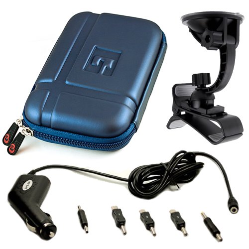 VanGoddy GPS Carrying Case w/ Carbineer for Garmin nüvi 2577LT 5" GPS Navigator (Blue) + 5 in 1 GPS Car Charger + Windshield Mount