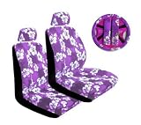 Purple Universal-fit Hawaiian Hibiscus Floral Print Low Back Front Bucket Seat Cover with Separate Headrest Cover, Steering Wheel Cover and Shoulder Seat Belt Pads Combo