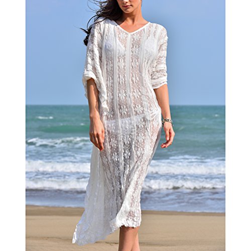 MG Collection White Lace Boho Style Long Swimsuit Coverup / V Neck Beach Dress