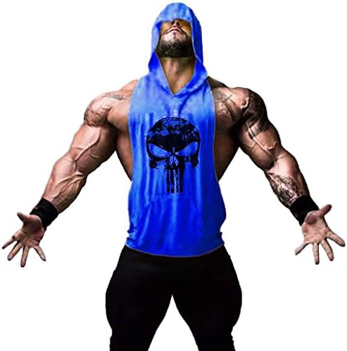 Kingsnower Mens Fashion Sleeveless Hoodie Fitness Tank Top With Kangaroo Pocket(punisher-blue-xl)