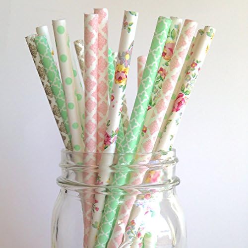 English Garden Floral Paper Straws Mint Blush Pink Gold Boutique Wedding Baby Shower Straws by Twigs and Twirls 75 ct.