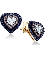 14K White Gold Channel Invisible Set Round white and brown Diamond Heart Stud Earrings with Push Back Closure - (Height = 10mm ; Width = 10mm) - (1/2 cttw)