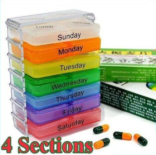 7 Day 7 Color 4 Compartment Travel Pill Box Organizer Vitamin Container Weeekly Medicine Storage Holder