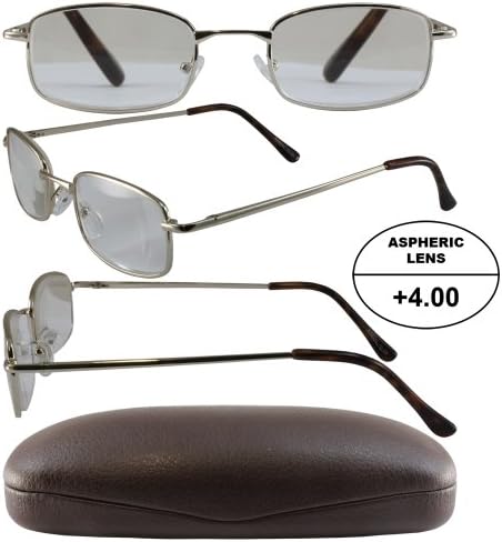 Men's High-Powered Reading Glasses: Gold Frame and Brown Case +4.00 Magnification Aspheric Lenses