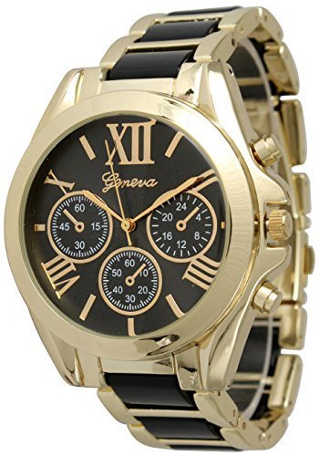Women's Geneva Roman Numeral Gold Plated Metal/Nylon Link Watch - Black