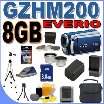 JVC Everio GZ-HM200 Dual SD High-Def HD Camcorder (Blue) BigVALUEInc Accessory Saver 8GB Filters/Lenses Battery/Charger Bundle