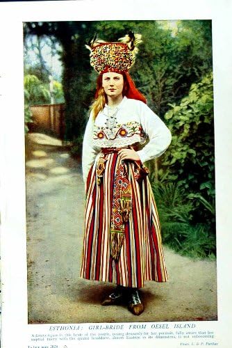 c1920 ESTHONIA GIRL BRIDE OESEL ISLAND COLOUR PRINT