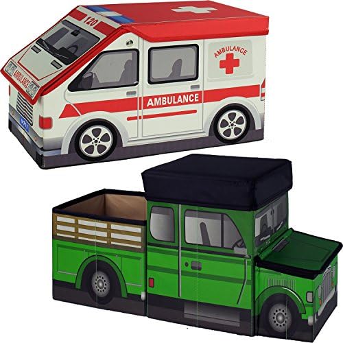 Set Of Two Ambulance &amp; Green Tractor Toy Storage Boxes