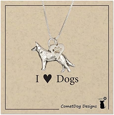Sterling Silver 18 inch German Shepherd Necklace with Dog Paw Print Heart Pendant