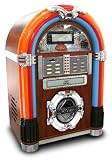 LED Jukebox USB CD Rock Maxi Encode - As well as being a jukebox, this unit Records From a music CD To MP3 - DARK CHERRY WOOD COLOUR - Real Wood Finish - 46cm High, Table top model, but larger than most mini jukeboxes (7 colour changing lights) - Plays CD's and MP3 (via USB stick / SD Memory card) & FM / AM (MW) Radio - By Steepletone