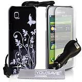 Yousave Accessories TM Samsung Galaxy S i9000 Accessoire Paquet �l�gant Noir Et Argent Papillon Fleur Dur Hybride Etui Coque Avec Chargeur Allume Cigare Ecran Protecteur Film Et Gris Tissu de Polissage Micro Fibrepar Yousave Accessories