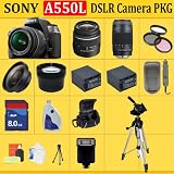 Sony Alpha A550L Digital SLR with 18-55mm Lens + 75-300mm Lens + HUGE ACCESSORIES PACKAGE INCLUDING WIDE ANGLE MACRO LENS + 2X TELEPHOTO + 3 PC FILTER KIT + 8GB SDHC MEMORY CARD + 2x EXTENDED LIFE BATTERIES + CARRYING CASE + TRIPOD & MUCH MORE !!