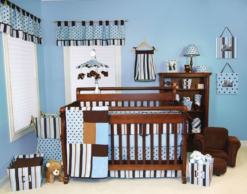 12 Pcs MAX Trend Lab Blue  &  Brown Stripes and Polka Dots Crib Bedding Set Nursery Ensemble Complete