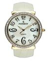 Peugeot Ladies Creme Genuine Leather Snap Bangle Watch with a Gold Tone Swarovski Crystal Bezel and Mother of Pearl Dial