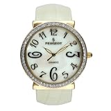 Peugeot Ladies Creme Genuine Leather Snap Bangle Watch with a Gold Tone Swarovski Crystal Bezel and... by Peugeot
