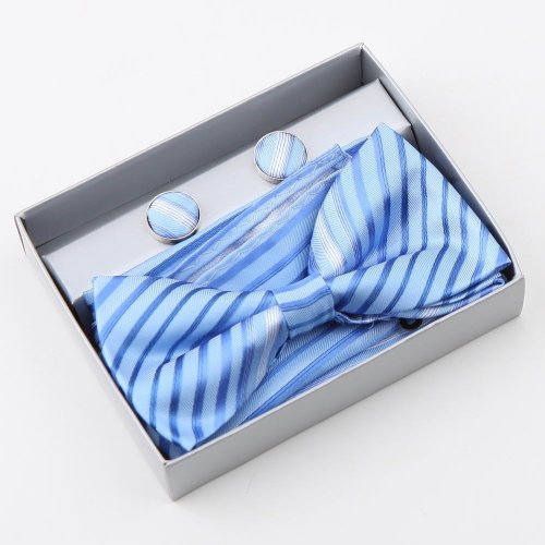 Blue Stripes Silk Pre-tied Bowtie, Cufflinks,Handkerchiefs Gift Box Set cornflower blue cheap Pointe BT2083