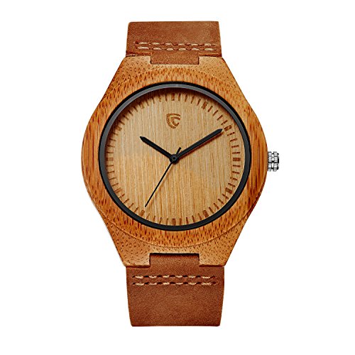 CUCOL Wooden Watches For Men Casual Watch Brown Cowhide Leather Strap With Box Father's Day Gift