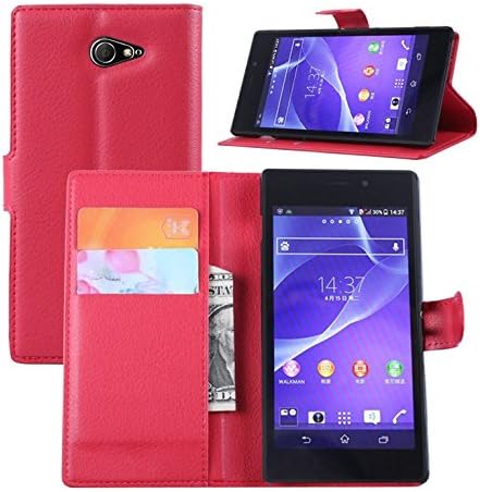 Sony Xperia M2 Case - Flip Pu Leather Wallet Case Holder Cover with Stand / Card Slots for Sony Xperia M2 Smartphone (Wallet Red)