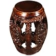 Handmade Antique Style 21" Intricately Carved Barrel-Shaped End Table With Mahogany Finish