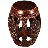 EXP Handmade Antique Style 21" Intricately Carved Barrel-Shaped End Table With Mahogany Finish