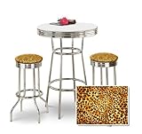 Chrome Bar Table & 2 Chrome Cheetah Animal Print Fabric Seat Barstools