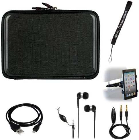 Black Smooth Carbon Fiber Durable Slim Protective Eva Storage Cover Cube Carrying Case with Mesh Pocket For Amazon Kindle Fire Full Color 7" Multi-touch Display, Wi-Fi (Newest Tablet) + Includes an eBigValue Determination Hand Strap Key Chain + Includes a Black Micro USB Data Sync Cable + Auxilary Cable ( AUX Connectivity ) + Adjustable HeadRest Car Mount Kit + High Quality Noice Reducer MP3 Handsfree Earbuds Earphones with Mic