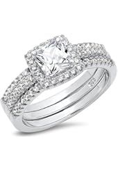 925 Sterling Silver Cushion Cubic Zirconia CZ 2Pc Halo Wedding Engagement Ring Insert Set