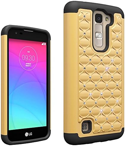 LG K7 Case,Kandera LG Tribute 5 Case,[Shockproof]Studded Rhinestone Crystal Bling Slim Dual Layer Hybrid Defender Armor Protective Cover for LG K7 &amp; LG Tribute 5(Black&amp;Gold)