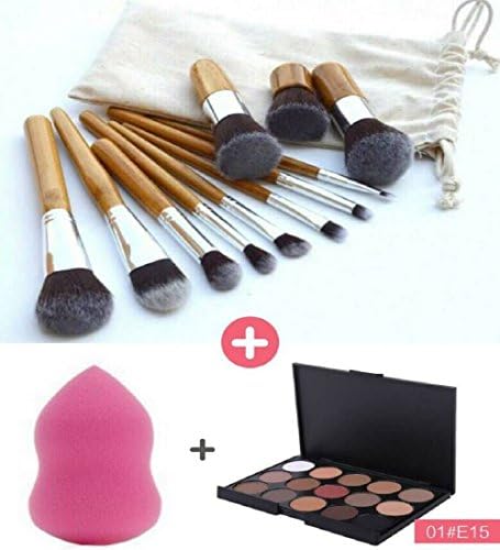 Moonkini New 15 Colors Contour Face Cream Makeup Concealer Palette + 11 PCS Makeup Brush Set Cosmetic Bamboo Handle + 1 Piece Blender Sponge (Large Size: 1.65" x 2.28" ~ WxH) (01#E15)