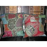 2 Green Red Decorative Tribal Embroidered Sari Toss Pillow Cushion Covers by exoticindiacollection.com