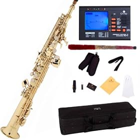 Mendini MSS-L Gold Lacquered B Flat Soprano Saxophone w/ Case, Accessories & Free Chromatic Tuner with Metronome