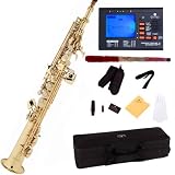 Mendini by Cecilio MSS-L+92D Gold Lacquer Straight B Flat Soprano Saxophone with Tuner, Case, Mouthpiece, 10 Reeds and More