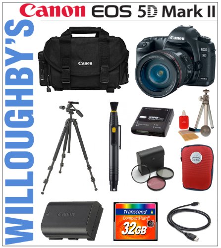 Canon EOS 5D Mark ll 21.1 MP Full Frame CMOS Digital SLR Camera Kit with Canon EF 24-105mm f/4L IS USM Lens + Transcend 32GB 133x Ultra Speed Compact Flash Memory Card + Sunpak PRO 523PX2 Carbon Fiber Tripod + Canon LPE6 Spare Battery + Canon Deluxe Gadget Bag & Much More! Willoughby's Est. 1898 Professional Enthusiast Starter Bundle