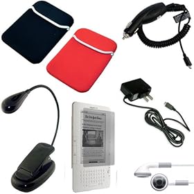 Amazon Kindle 2 eBook Reader Accessories Bundle Pack: Black / Red Reversible Neoprene Sleeve Case, Car Charger, Wall / Travel / AC Adapter Charger, Earphones, Clip on Adjustable eBook Reader Light and a Screen Guard / Protector with Lint Cleaning Cloth