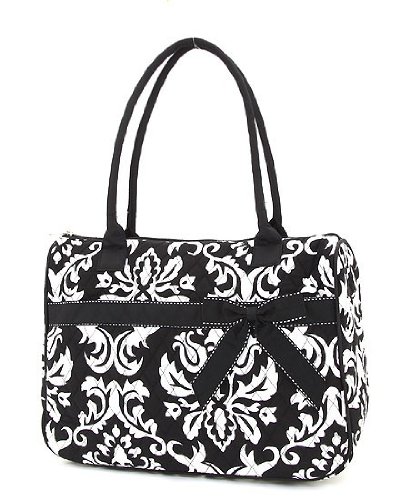 Belvah Quilted Damask Tote Handbag with Front Velcro Pocket - Choice of Colors