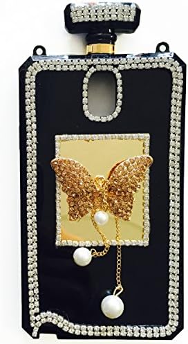 Stylish Crystal Diamond Rhinestones 3D Luxury Shining Butterfly Perfume Bottle Phone Case with Gold/Black Leather Chain (NOTE 3 Gold/Gold)