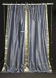 Tie Top Gray Silk Sari Drapes, Panels, saree Curtains