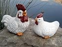 Gartenfiguren Hahn Huhn 2er Set Antik-Weiss Steinguss