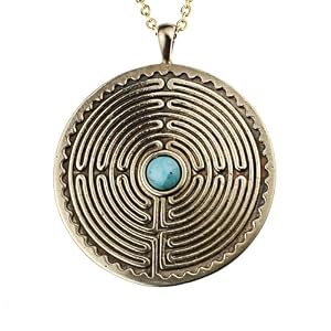 Labyrinth Peace Bronze Pendant Necklace with 6mm Tibetan Turquoise Gemstone on 18