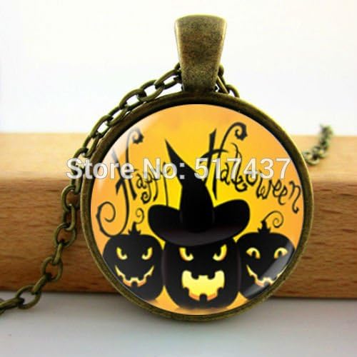 Pretty Lee 2015 New Evil Pumpkin Necklace Witch Hat Pendant Hallowmas Gift Glass Dome Necklace Handmade Jewelry