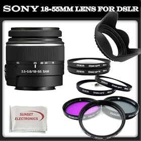 Sony SAL-1855 18-55mm f/3.5-5.6 DT AF Zoom Lens + SSE Accessory Kit: Includes - 3 Piece Professional Filter Set (UV, CPL, FLD), 4 Piece Macro Close-Up Kit (Diopters +1,+2,+4,+10), Tulip Lens Hood & SSE Microfiber Cleaning Cloth