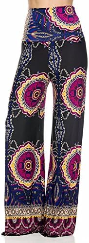 Women's Boho Print Palazzo Pants High Waist Yoga Fold over Band Wide Legs (L, 1870 (Black/Magenta))