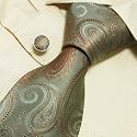 S4043 Designer Hand Made Silver Brown Paisleys Pattern Necktie Cufflinks Set with Gift Box Ties for Him Jacquard Woven Pure Silk Mens Tie and Cuff Links Gift Tie Set
