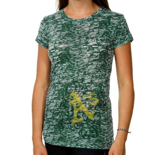 Oakland Athletics Ladies Scroll Burnout Premium Crew T-shirt - Green (X-Large)