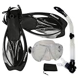 PROMATE Snorkeling Scuba Dive Semi-Dry Snorkel Fish-Eye Mask Fins Gear Set,Clear w/ Black,ML/XL