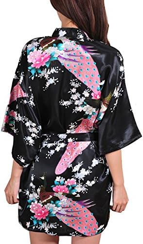 Macher Women's Kimono Style Satin Robe Bathrobes Knee Length (M, Black)