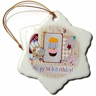 Beverly Turner Birthday Design - Collage of Stars, Cupcake, and Candle, Happy 54th Birthday - 3 inch Snowflake Porcelain Ornament (243686_1)