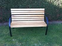CURVED ARM DESIGN SOLID WOOD & STEEL FRAMED 122cm BENCH. GARDEN PATIO FURNITURE.